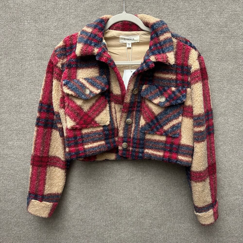 L*Space Big Sur Plaid Sherpa Cropped Jacket Shacket Fleece Pink Cream Size XS